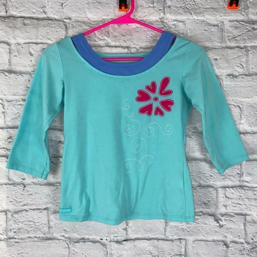 American girl 3/4 sleeve scoopneck top w/embroiderey & hearts sz S 7/8